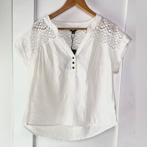 Frye Top Y2K Women Medium Gauzy Short Sleeve Peasant Blouse Salt Breeze Lace New